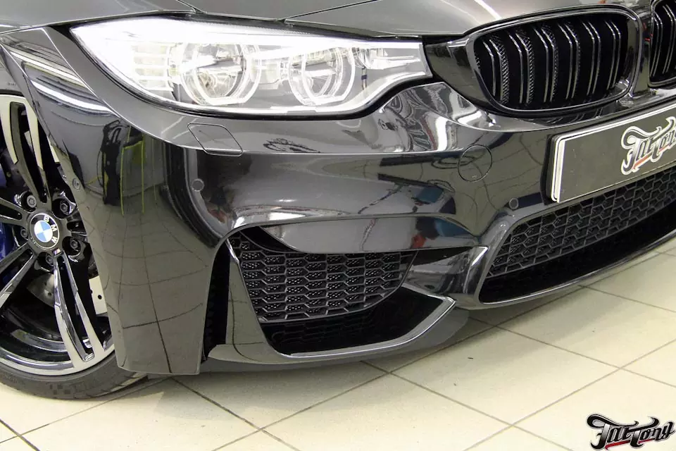 BMW M4. Оклейка кузова полиуретаном Suntek PPF (защита от сколов и царапин) + установка защитной сетки в бампер.
